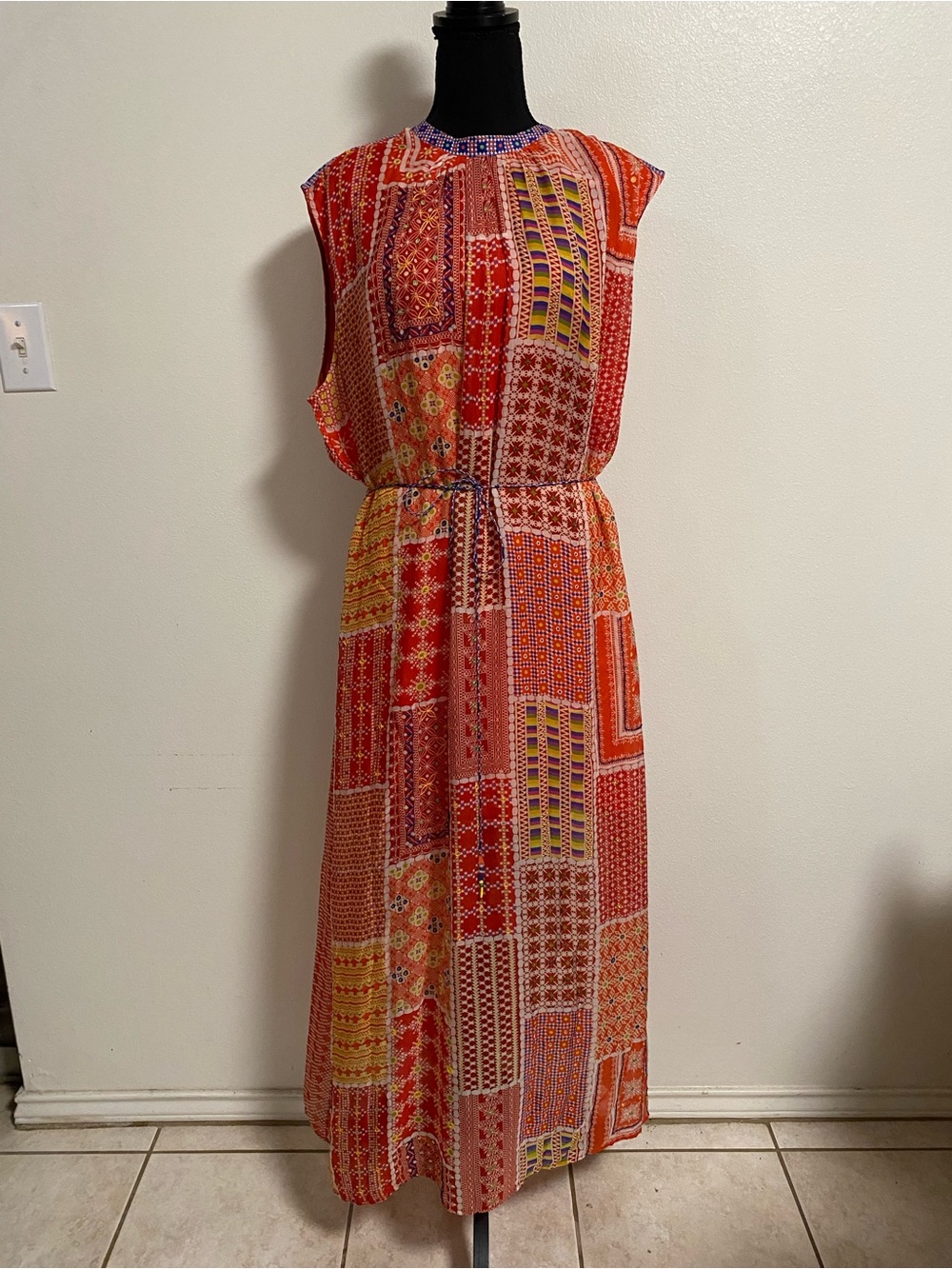 Anthropologie Tanvi Kedia Dress Size XL Red Patchwork Print Maxi Dress